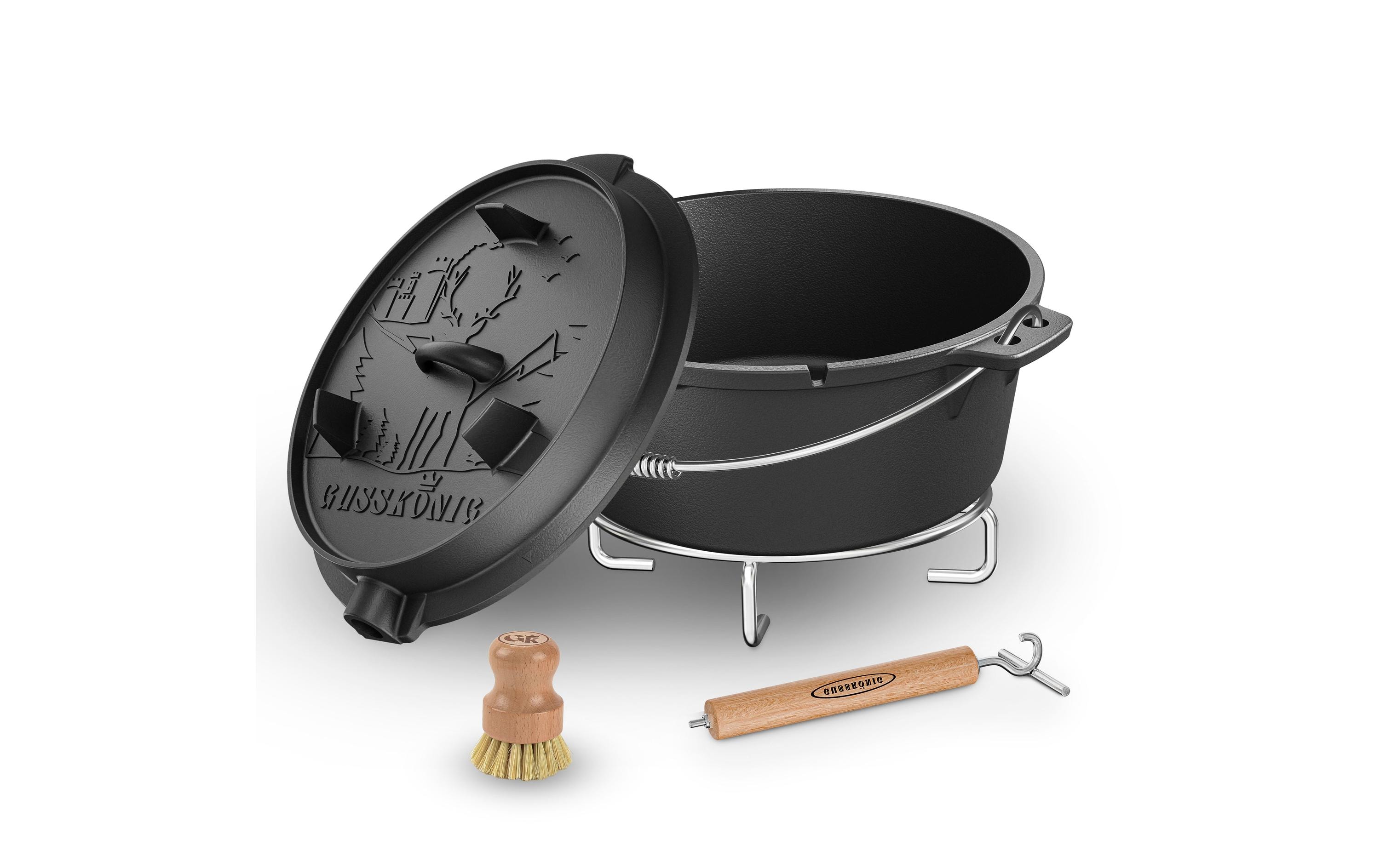 Dutch Oven Set 9 l mit Heber, Bürste, UntersetzerSet mit 2in1 Deckelheber, Reinigungsbürste und Untersetzer