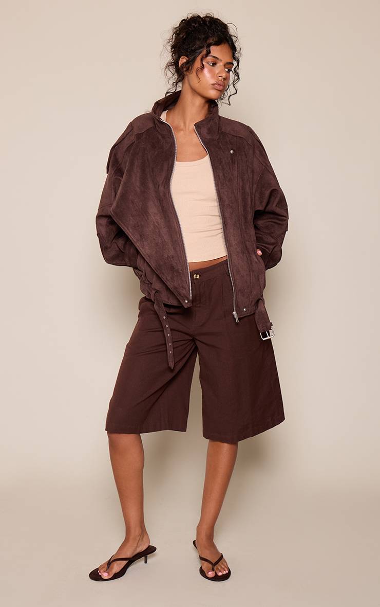 Dark Chocolate Veste De Motard En Synthétique Doux Chocolat Avec Col Montant Et Ceinture Basse