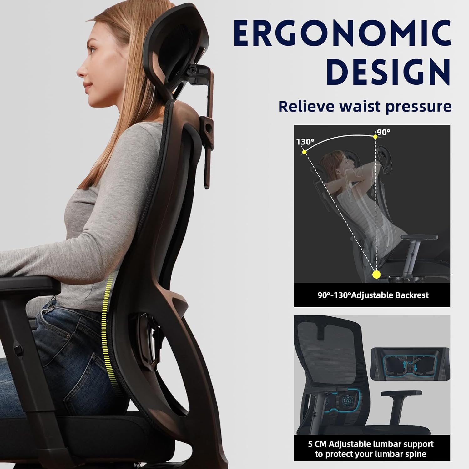 Bürostuhl Ergonomisch,Schreibtischstuhl mit verstellbarer Kopfstütze, Armlehnen und Lendenwirbelstütze, Drehstuhl aus Mesh,höhenverstellbarer Chefsessel,Computerstuhl Wippfunktion,Belastbarkeit 150kg