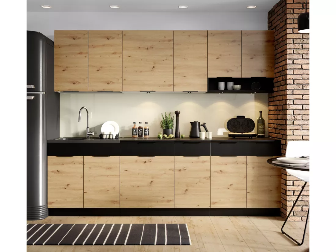 Cuisine complète Erika 8 éléments couleur chêne artisan/Noir avec plan de travail inclus - Longueur 260 cm