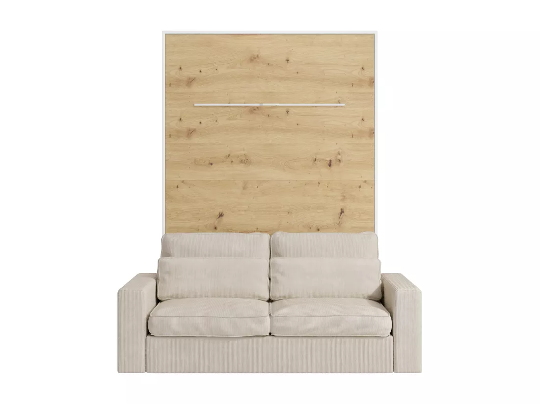 Lit escamotable 140 x 200 cm - Ouverture verticale manuelle - Avec LEDs - Blanc et naturel + Matelas + Canapé - RAPILI