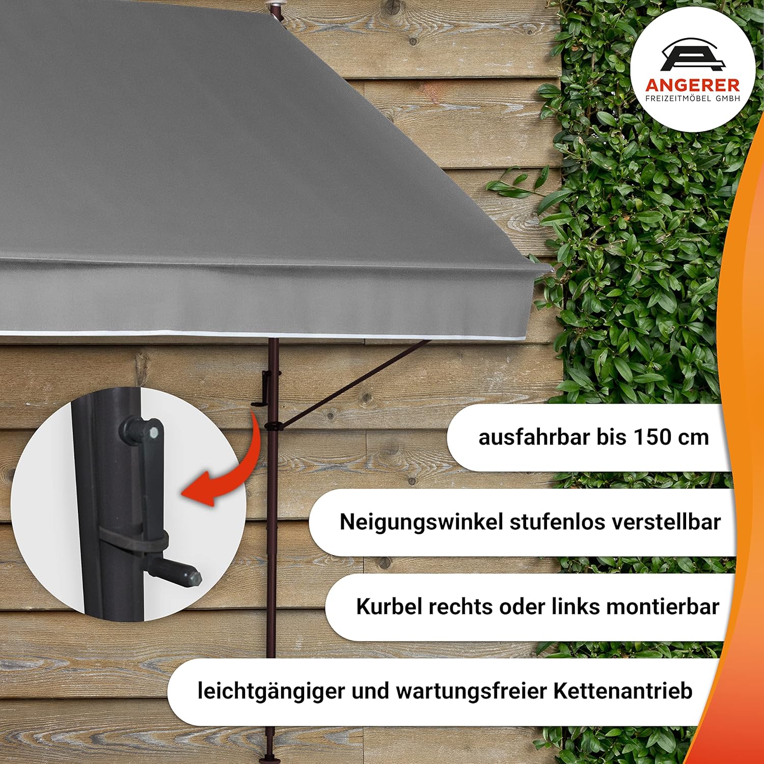 Angerer Klemmmarkise Style mit Handkurbel, Terrasse/Balkon, einfache Montage ohne Bohren, Made in Germany, hochwertiger Stoff, UV-beständig, höhenverstellbar, wasserabweisend, 300 cm Hellgrau