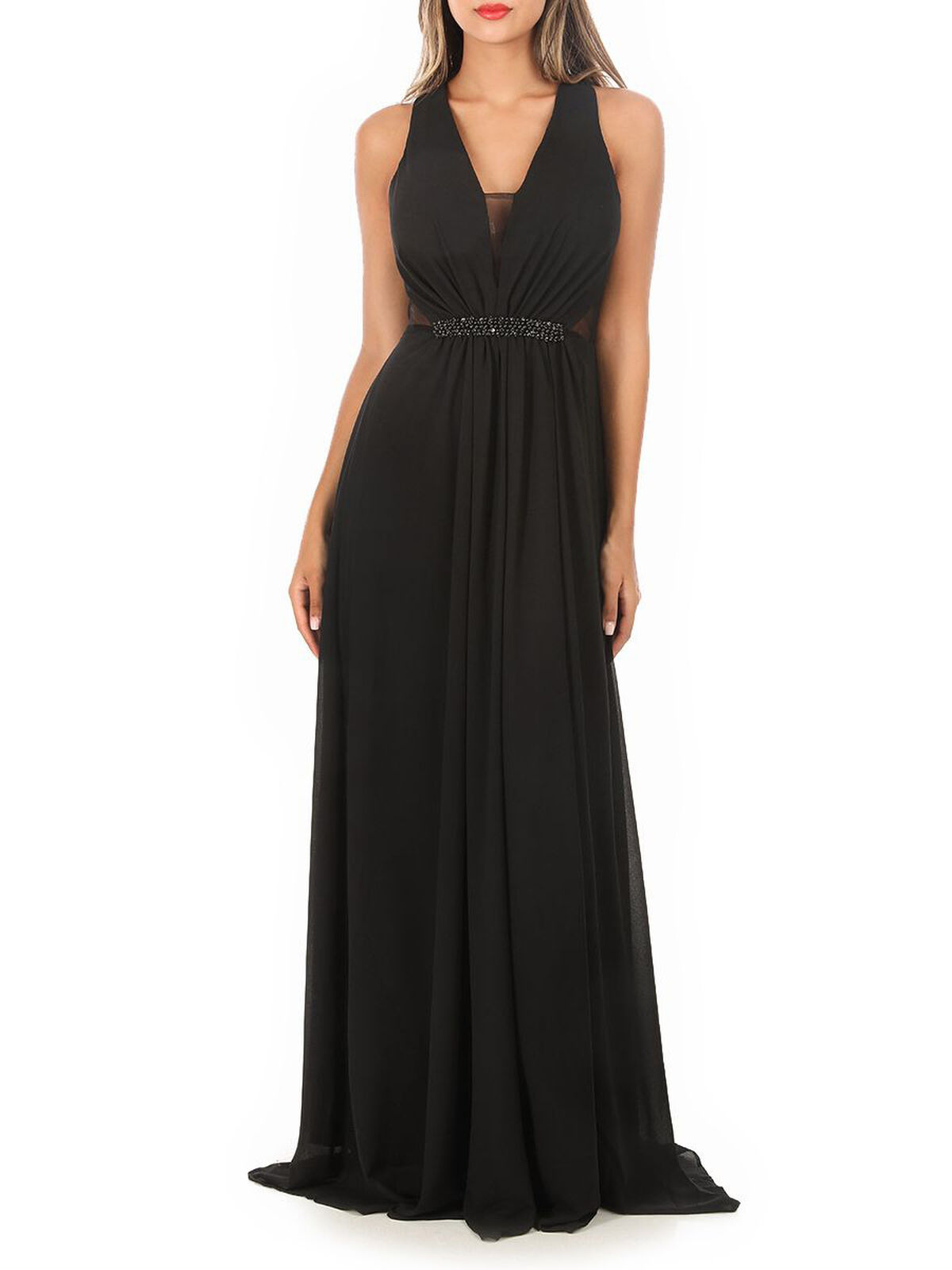 Robe longue de soirée à perles- Noir