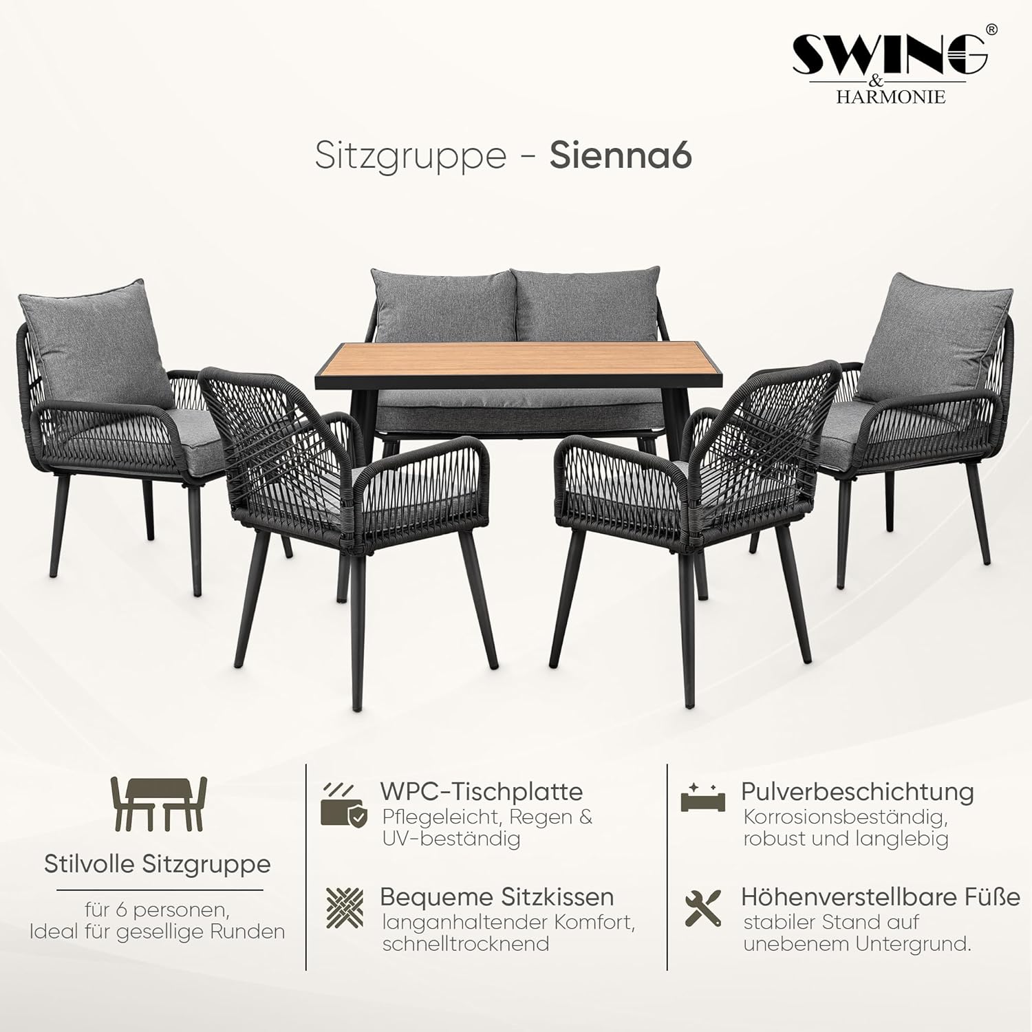 Swing&Harmonie® Gartenmöbel Lounge-Set „Sienna“ – Sitzgruppe mit Tisch, Sofa, Sesseln & Stühlen – wetterfest – Seilgeflecht – WPC-Tischplatte – Outdoor Essgruppe (anthrazit/Holz, 6 Personen)