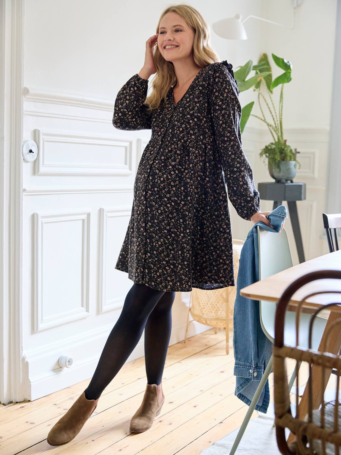 Vestido curto de chiffon de algodão para gestantes e lactantes, preto.