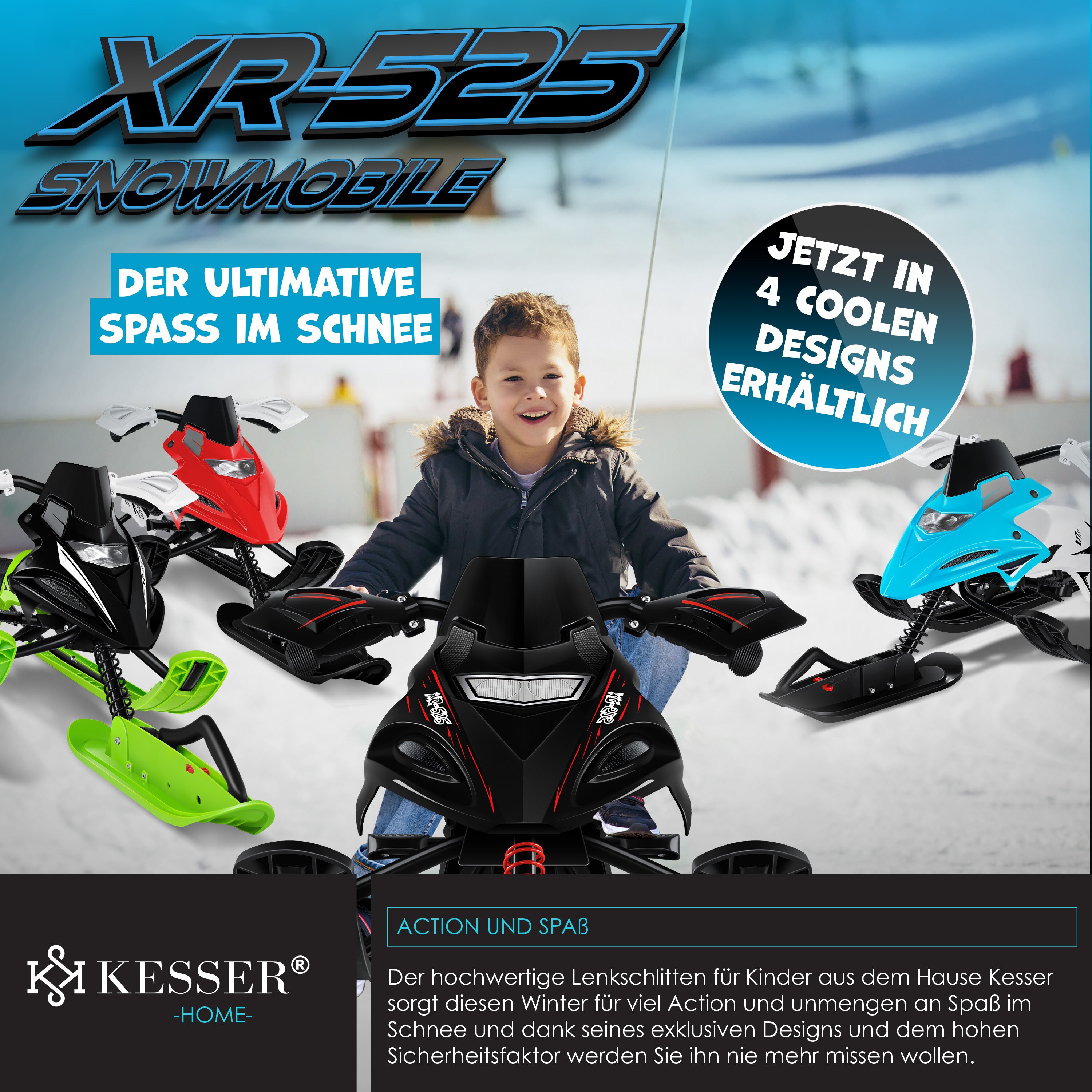 KESSER® Lenkschlitten mit 2 Fußbremsen | Automatisches Zugseil | Federung | Kufenlenkung | Bob Kinderschlitten Rodel Schlitten | Skiboblenkschlitten |