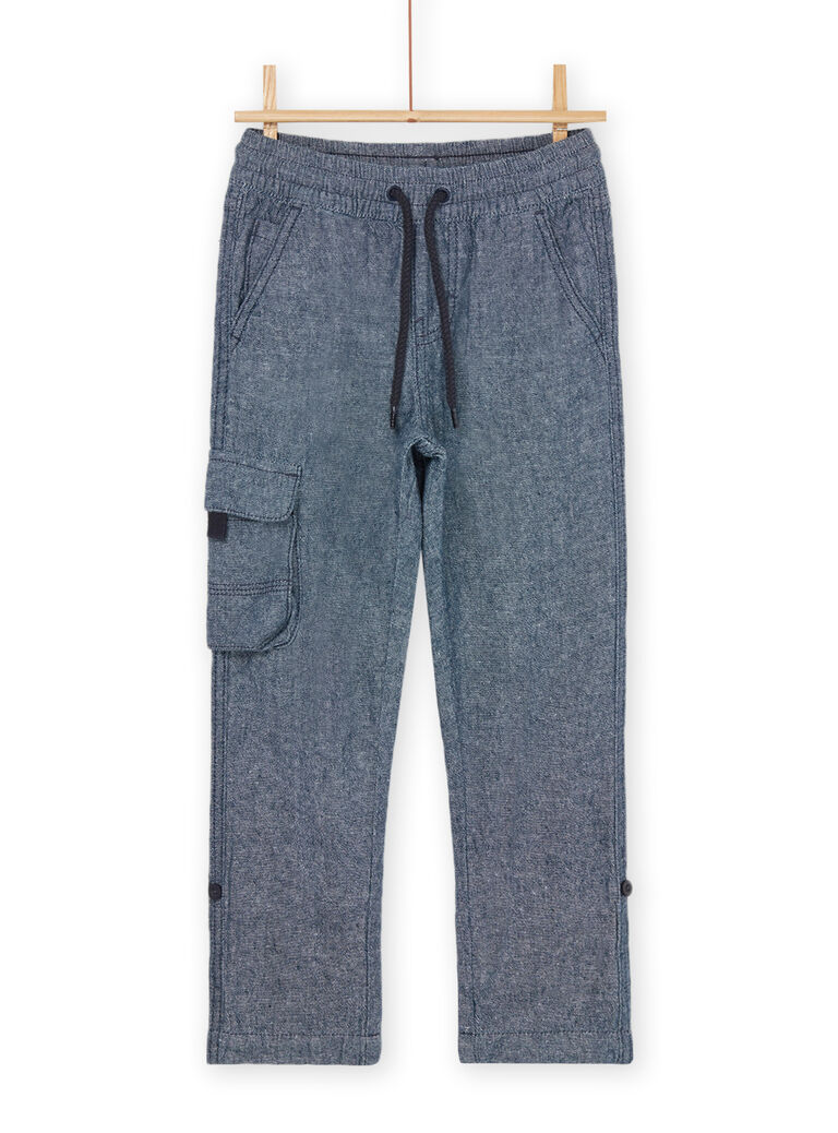 Pantalon bleu nuit chiné en lin et coton mélangés
