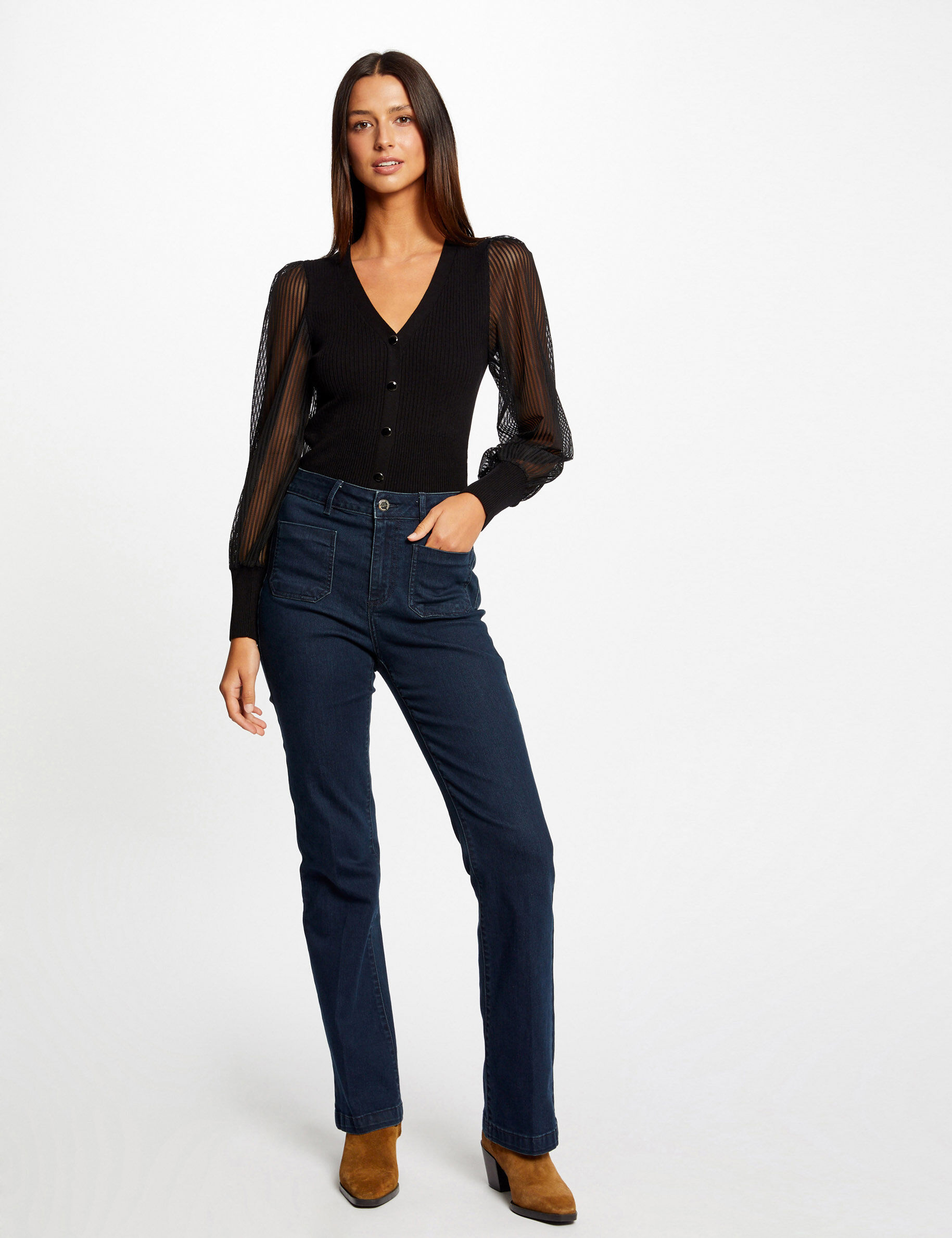 Pull manches longues en dentelle noir femme - noir