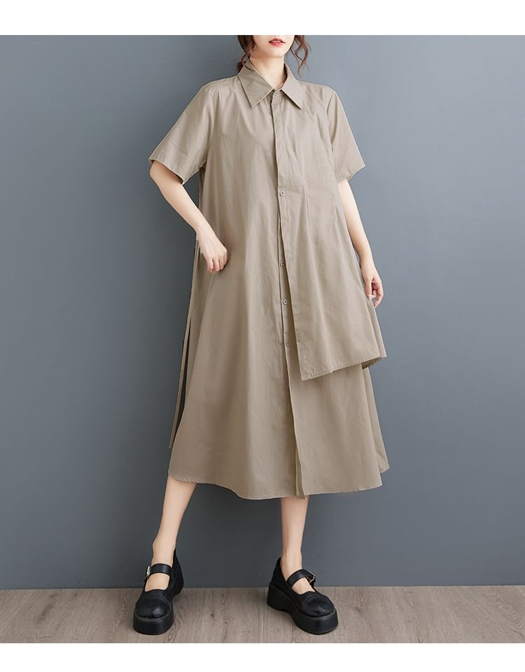 Shinobu - Asymmetrische midi-A-lijn overhemdjurk met korte mouwen