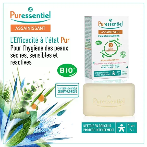 Sabonete Sólido Higienizante Superengordurado Puressentiel com 3 Óleos Essenciais 100g