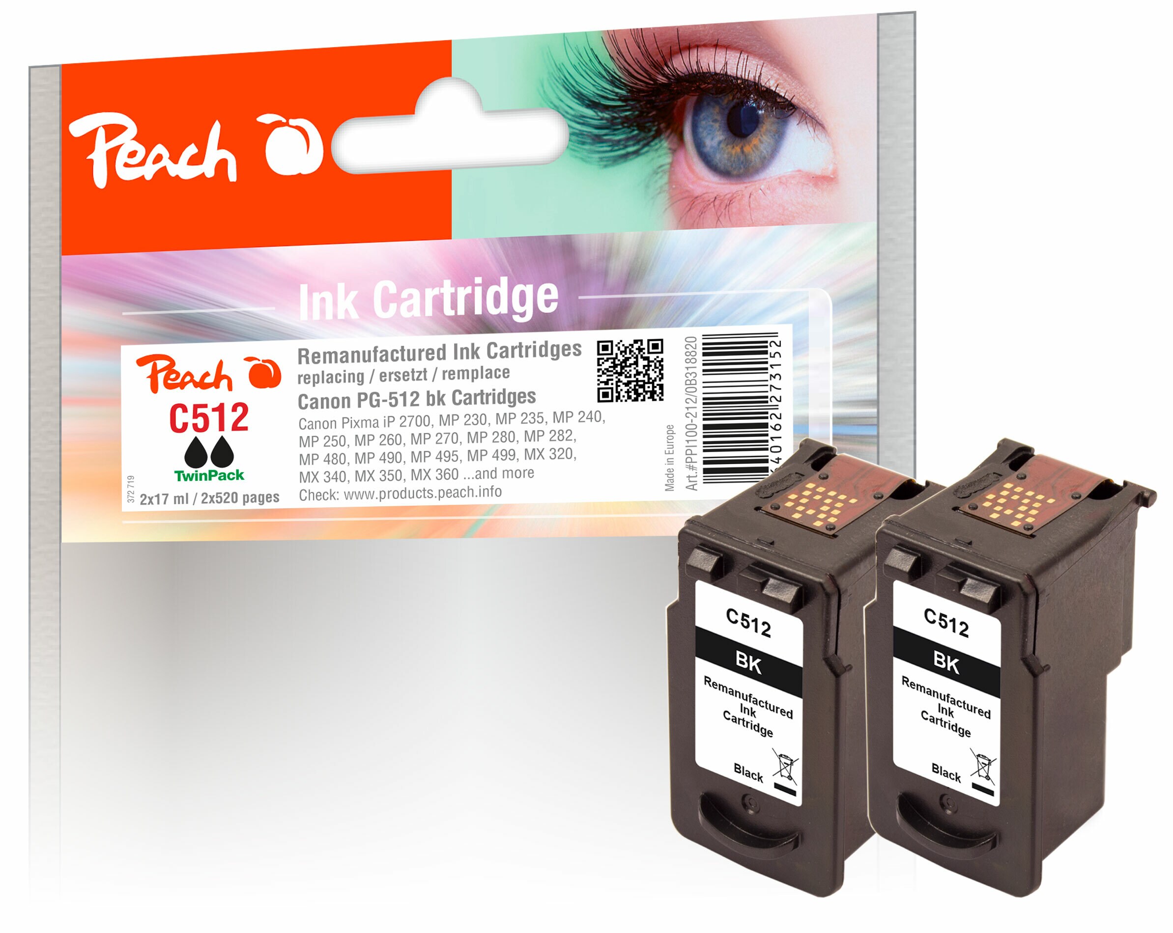 Peach C512 BK 2 Druckköpfe XL 2*bk ersetzt Canon PG-512BK*2, 2969B001 für z.B. Canon Pixma MP 250, Canon Pixma MX 360, Canon Pixma IP 2700 (wiederaufbereitet)