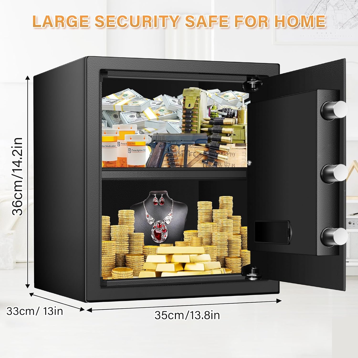 52L Großer Safe Tresor für Zuhause, Feuerfester Tresor mit Schlüssel, Sensor-Licht und Abnehmbares Regal, Heimsafeschrank Aufbewahrung von Geld, Dokumente, Medikamenten