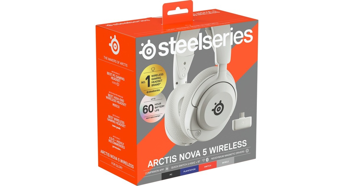 SteelSeriesArctis Nova 5 Wireless over-ear gaming headset  (Wit, 2,4 GHz, Bluetooth 5.3, pc, PlayStation 4, PlayStation 5, Nintendo Switch)