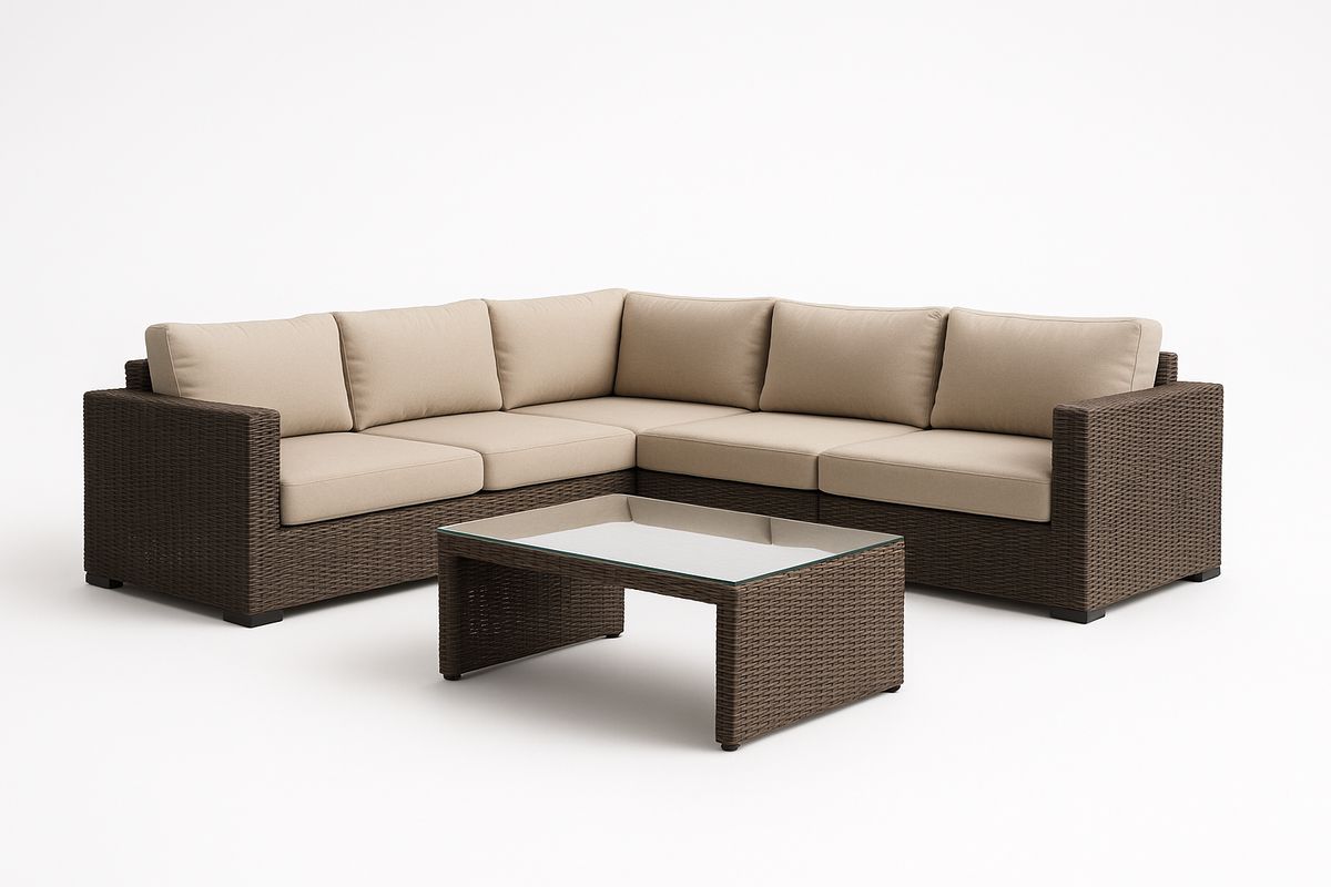 Rattan Ecksofa Set mit Glasplatte Tisch Braun Beige