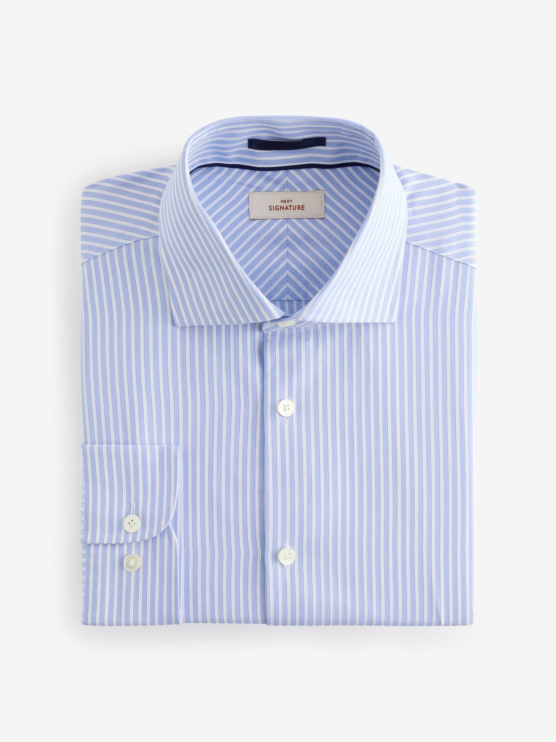 Blauw gestreept - Slim Fit Signature Single Cuff Texture Pima Cotton Shirt With Cutaway Collar