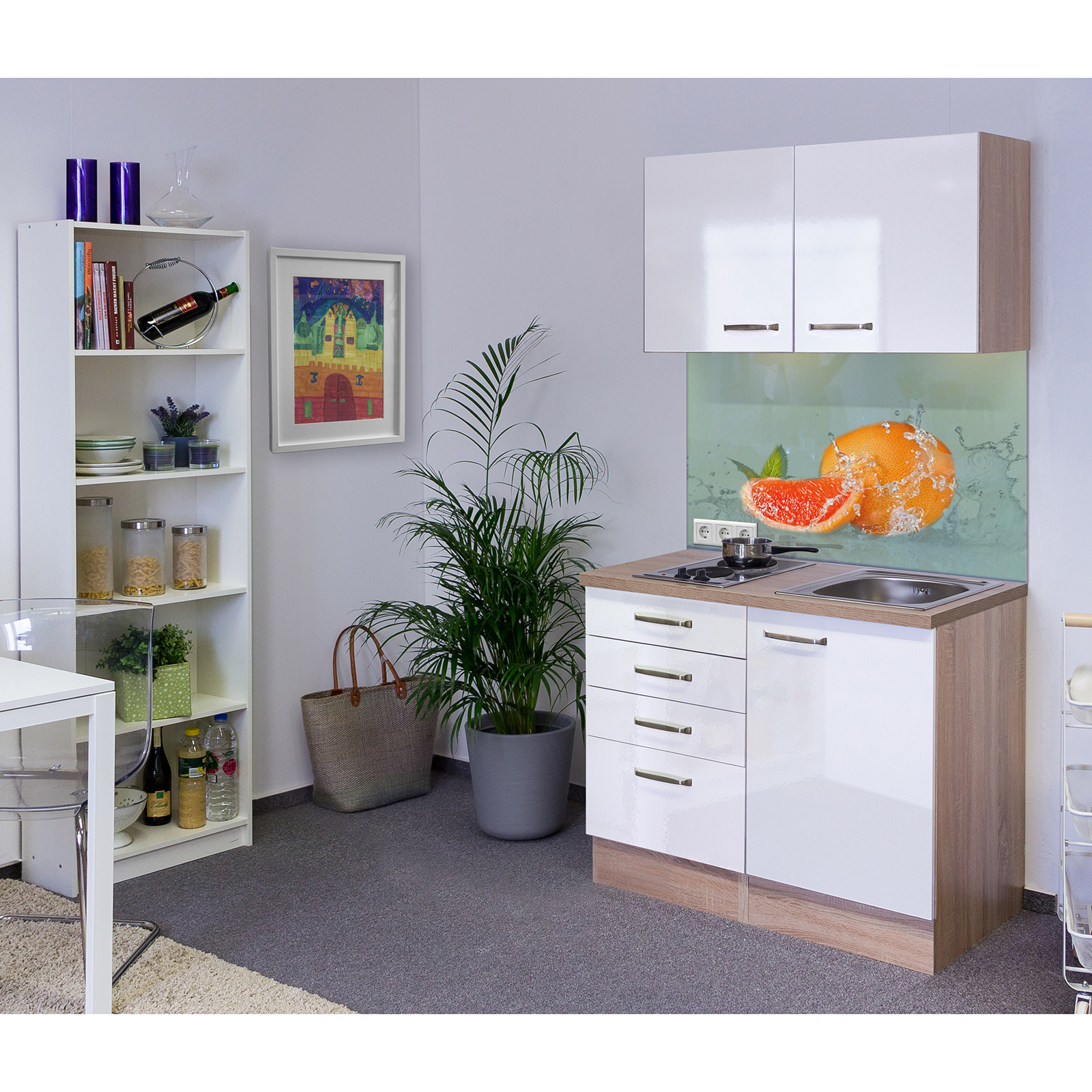 Küchenblock VALERO - weiß Hochglanz - Sonoma Eiche - mit Kochfeld - 100 cm