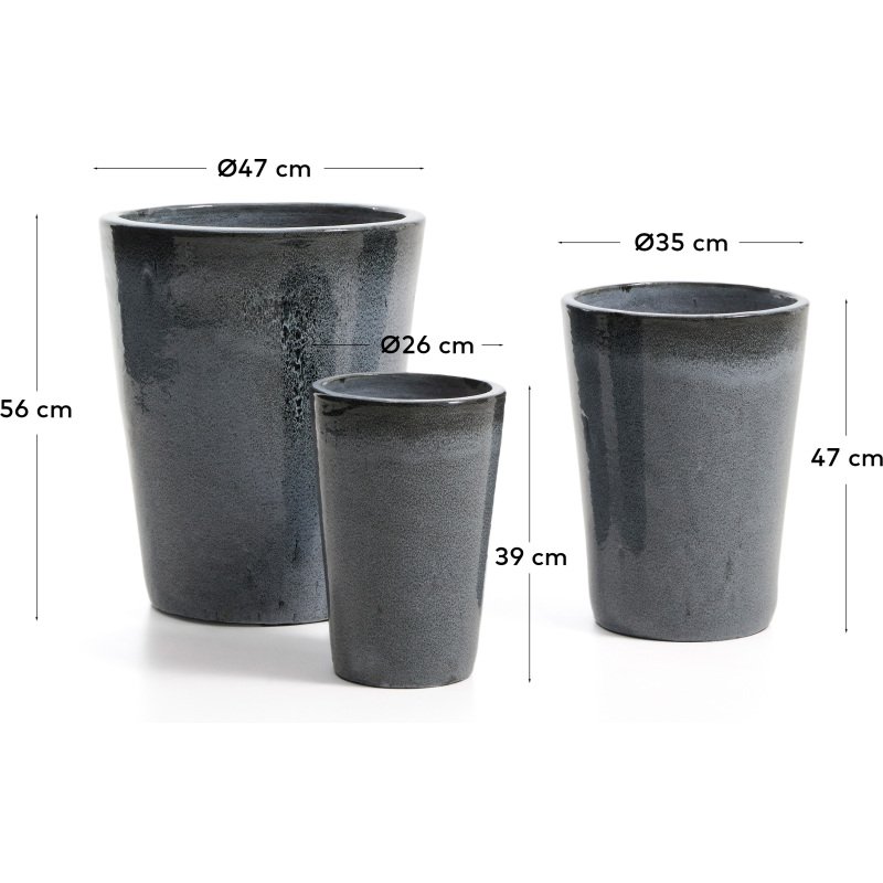 Ensemble Rotja de 3 pots de fleurs en terre cuite, finition bleue émaillée Ø 26 / 35 / 47 cm
