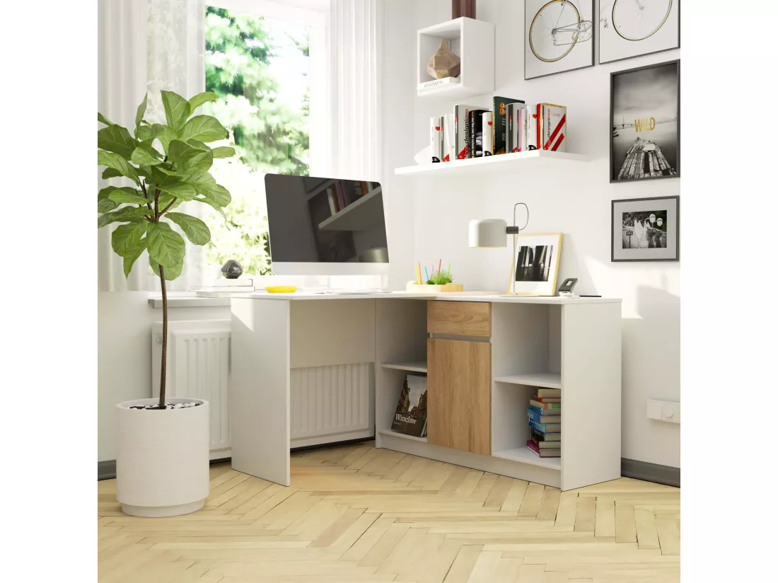 Ensemble d'angle AKORD bureau B17 avec commode Blanc 120 cm 1 porte 1 tiroir façade Chêne Sonoma 6 étagères 120x126x79 cm