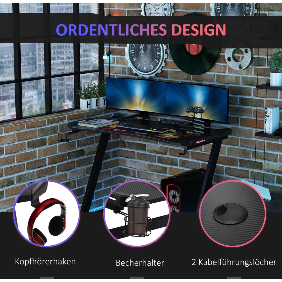 HOMCOM Schreibtisch Große Arbeitsfläche, LED-Lichter, Inklusive Fernbedienung; Schwarz