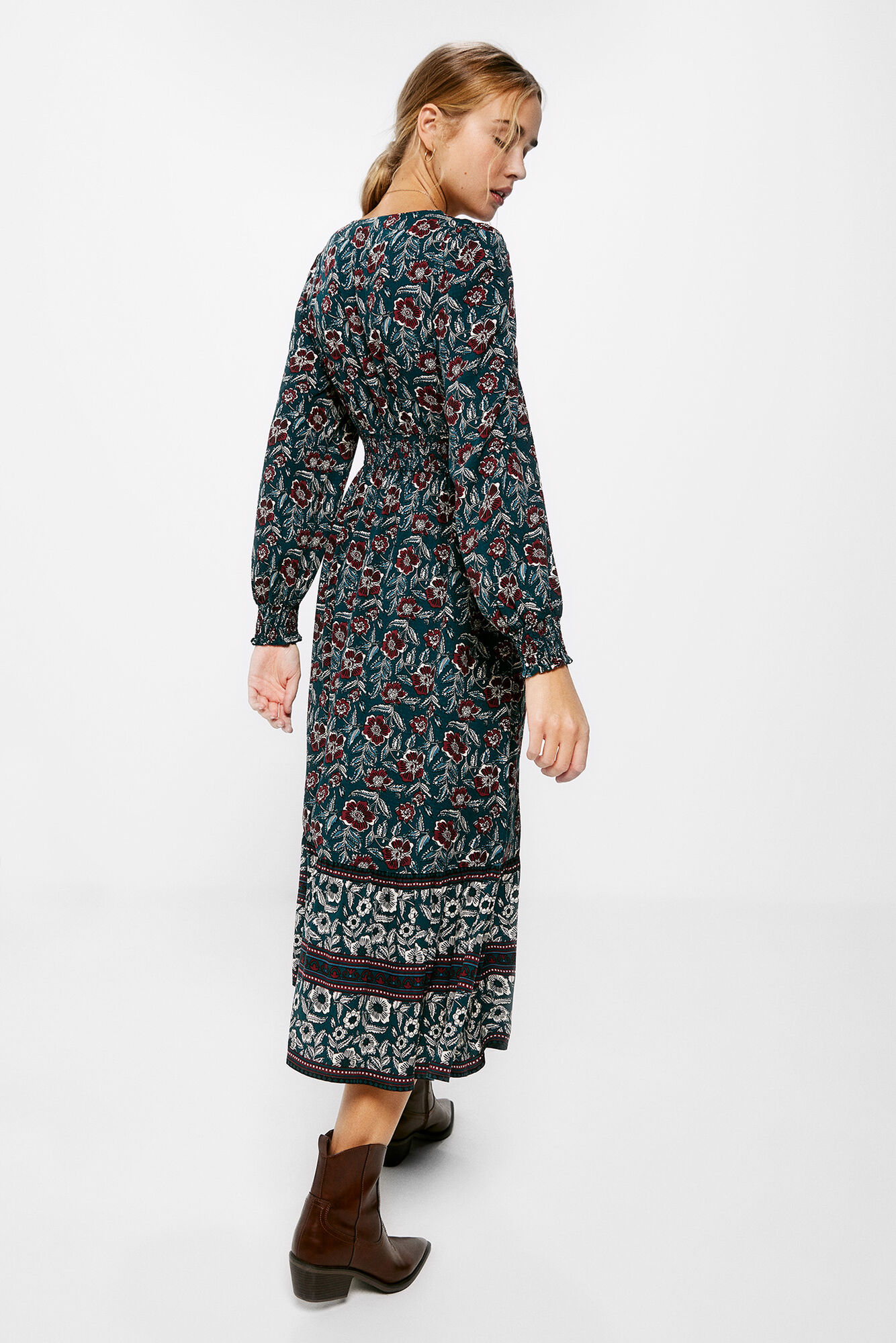 Vestido midi com borda floral