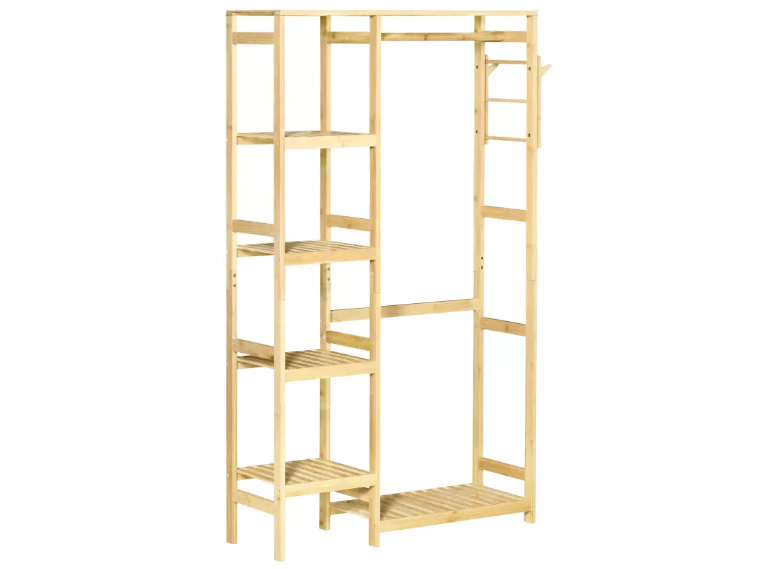 Penderie porte-manteaux - 5 étagères, espace penderie, 2 patères - dim. 90L x 30l x 155H cm - bois bambou
