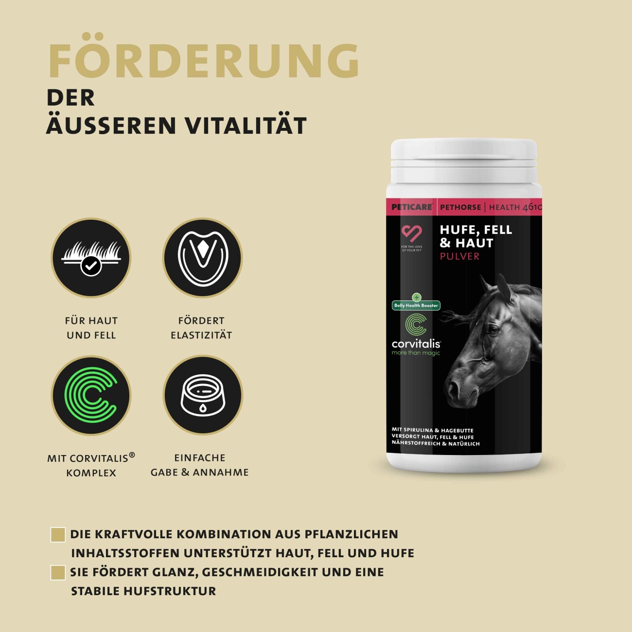 Peticare Ergänzungsfutter Hufe, Fell & Haut Pulver für Pferde 200g
