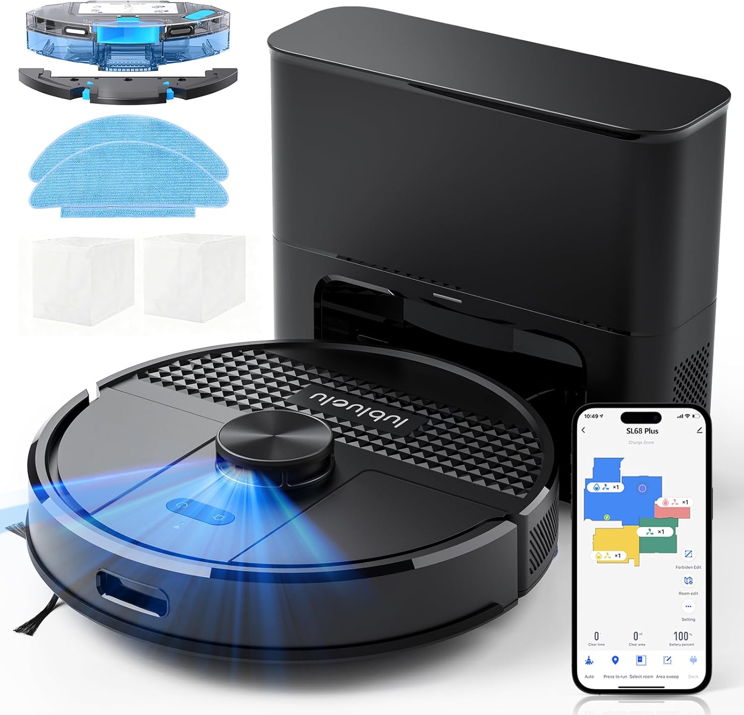 Lubluelu Saugroboter mit Absaugstation 3-in-1, 4500Pa Staubsauger Roboter mit Wischfunktion, Roboterstaubsauger mit Lasernavigation, App Steuerung, 24 No-Go Zonen für Tierhaare, Teppich (SL68 Plus)