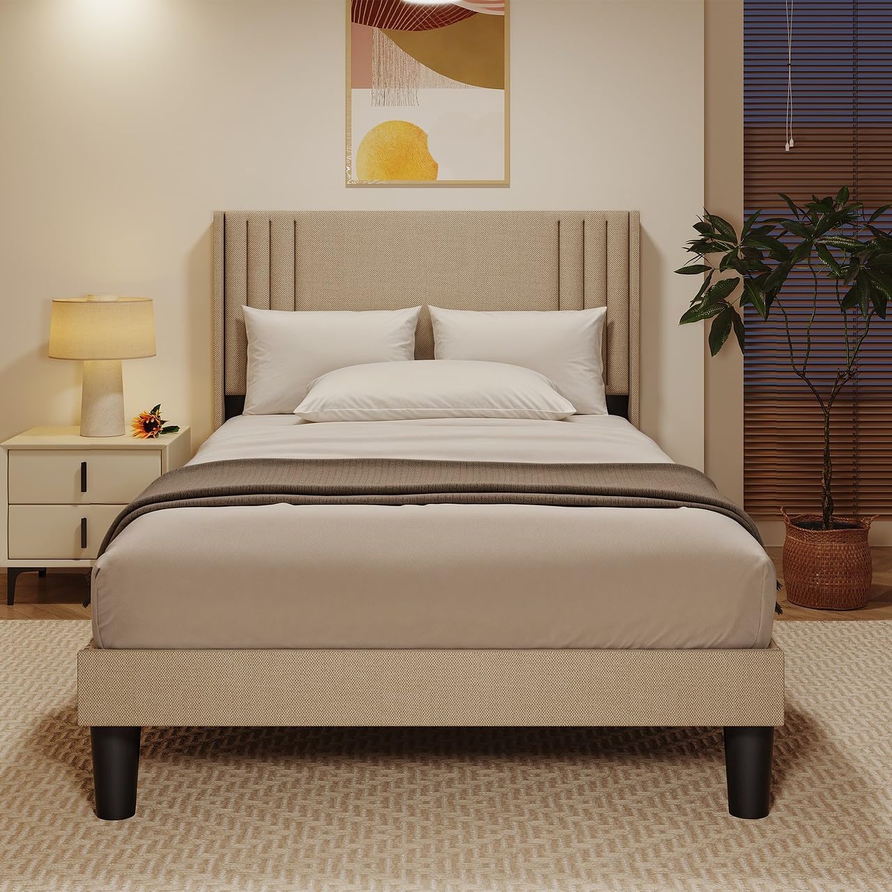 Bealife Polsterbett 120 x 200 cm mit Lattenrost – Stabiles Bettgestell aus Holz & Metall, Gepolstertes Doppelbett mit Kopfteil für Schlafzimmer & Jugendzimmer (Beige, 120 * 200cm)