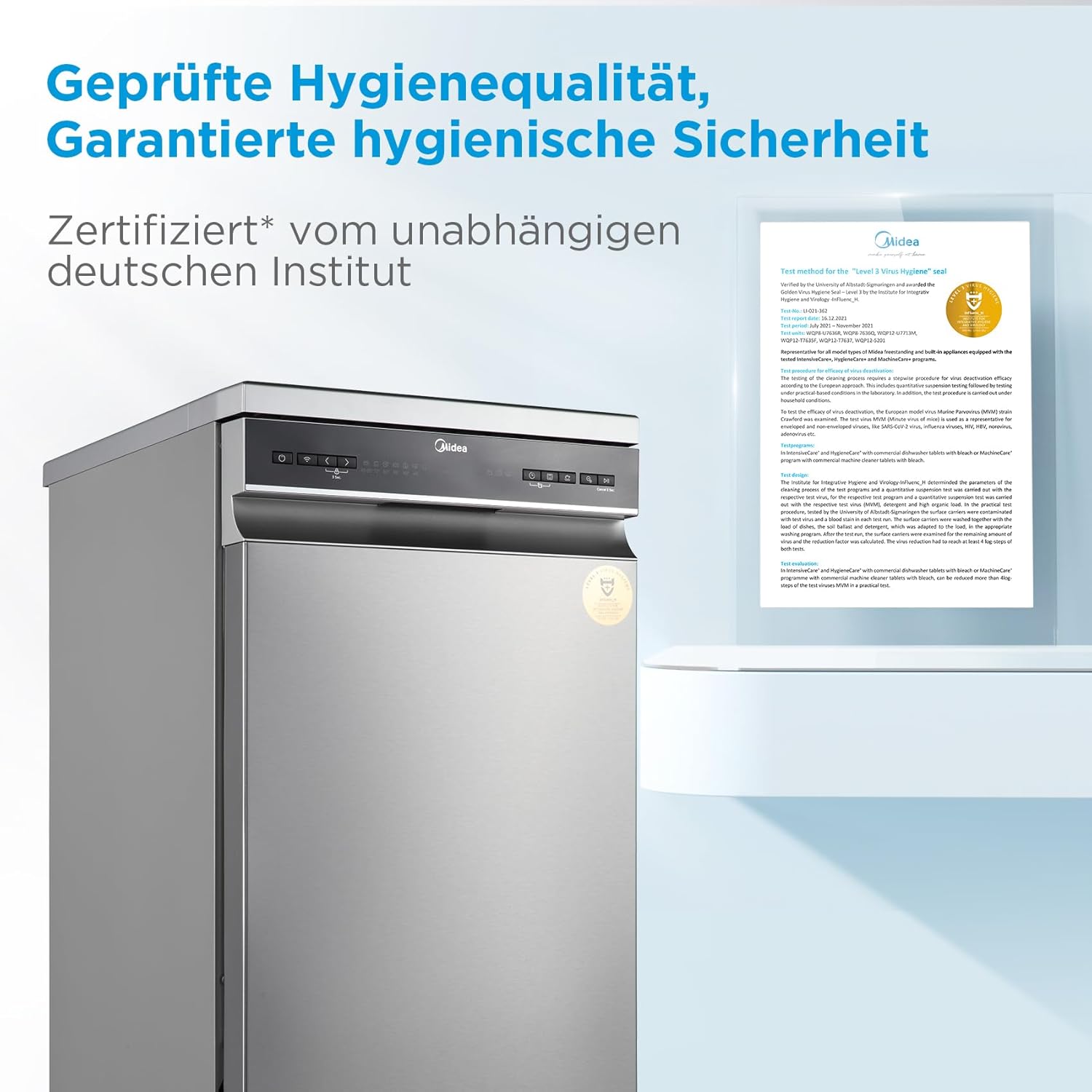 Midea Spülmaschine 45 cm MDWEF1034DSS-WE, Geschirrspüler Freistehend 10 Maßgedecke, Besteckkorb, höhenverstellbarer Oberkorb, Aqua-Stopp, Startzeitvorwahl, Silber