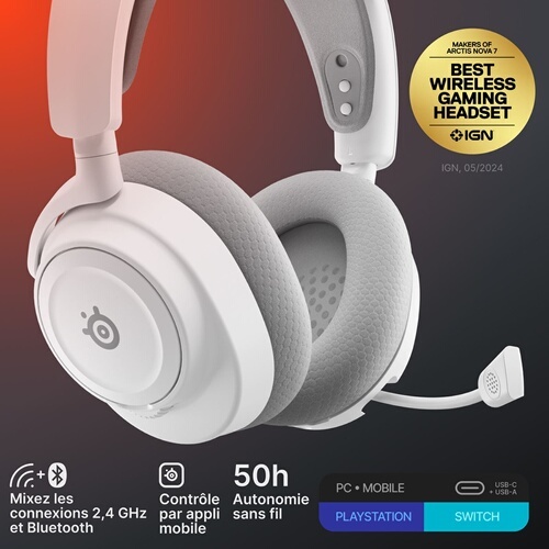 Casque PC Steelseries Micro Gaming sans fil Wifi Arctis Nova 7 Gen 2 Blanc