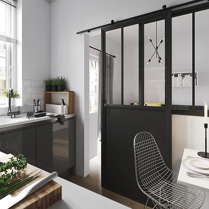 Porte coulissante Atelier noire 3 vitrages H.204 x l.83 cm