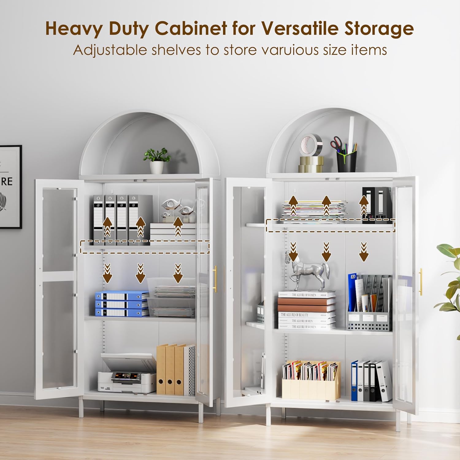185 cm Metallschaukasten, Vitrinen-Schrank mit Gewölbtem Oberteil, mit 2 Glastüren und 2 Regalen, Küchenschrank, Glasvitrine für Wohnzimmer und Schlafzimmer, Weiß