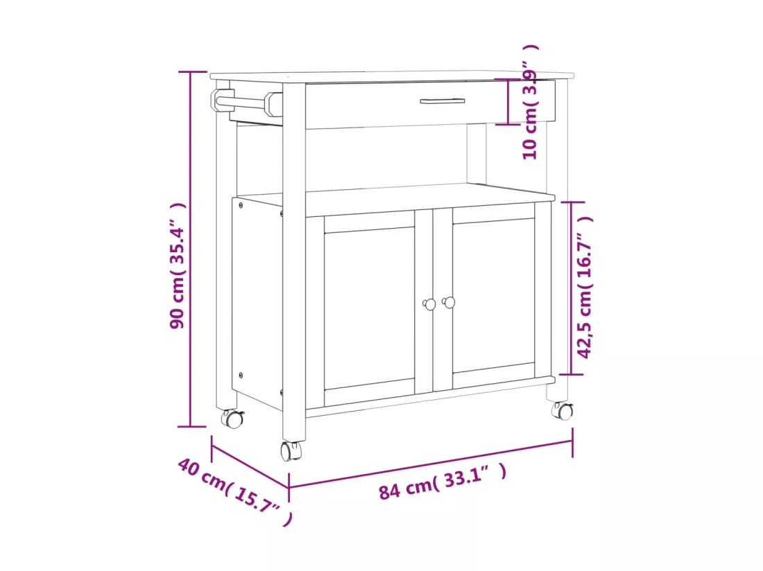 Chariot de cuisine MONZA 84x40x90 cm bois massif de pin