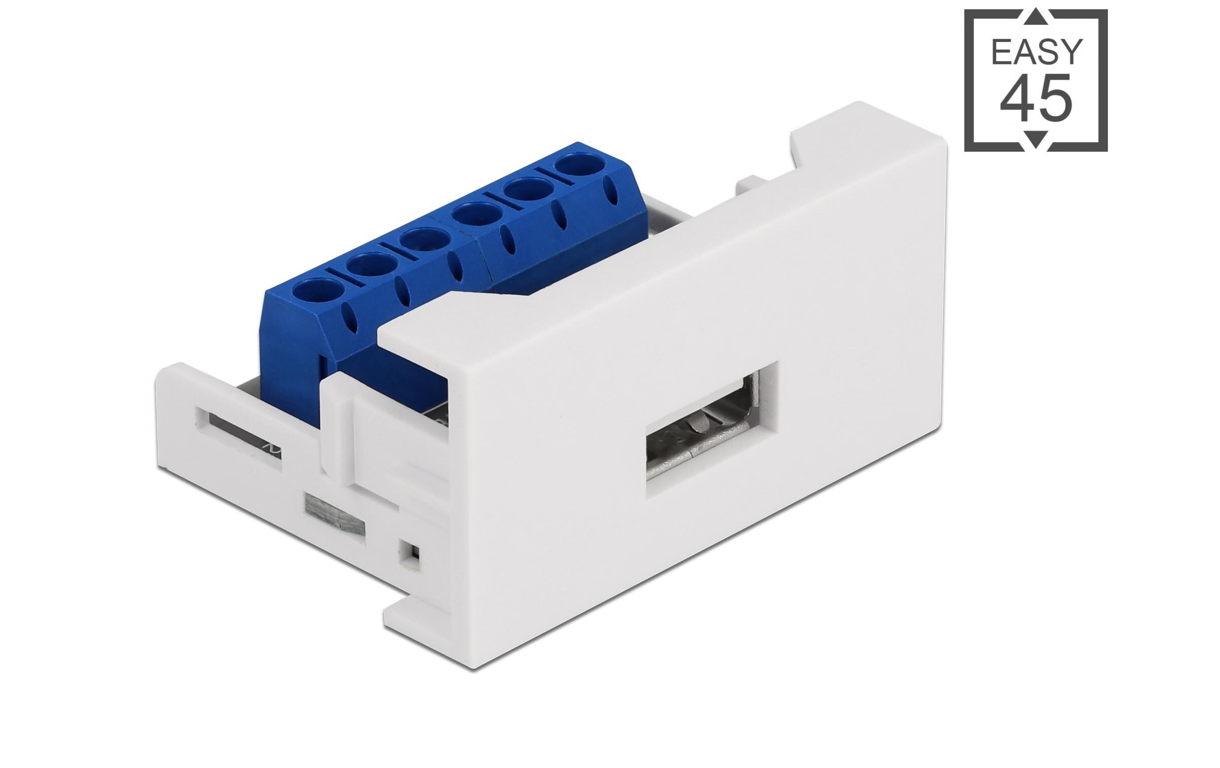 USB 2.0 Adapter Easy 45 Modul Terminalblock - USB-A BuchseDelock Easy 45 Modul USB 2.0 Typ-A Buchse zu Terminalblock 22.5 x 45 mm