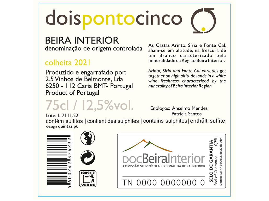 VINHO BRANCO DOISPONTOCINCO BEIRA INTERIOR DOC 0.75L