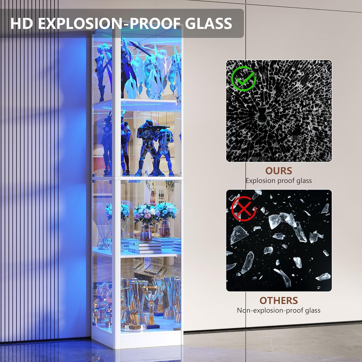 FREDEES Vitrine mit Glastüren, Eck-Kuriositätenschränke mit LED-Beleuchtung, 4-stöckige Glasvitrine für Sammlerstücke/Spielzeug/Bücher, Verspiegelter Aufbewahrungsschrank, Weiß