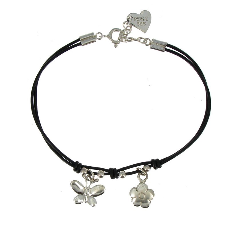 Bracelet Fleur et Papillon Argent Fil Cuir Noir