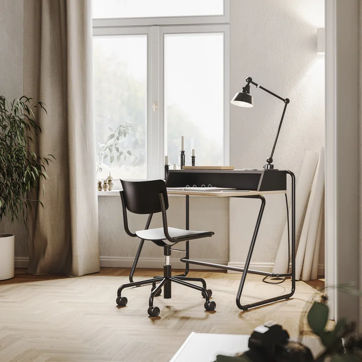 Thonet - S 43 DR Bürostuhl Fünfsterngestell mit Rollen, Alu schwarz / Buche schwarz gebeizt