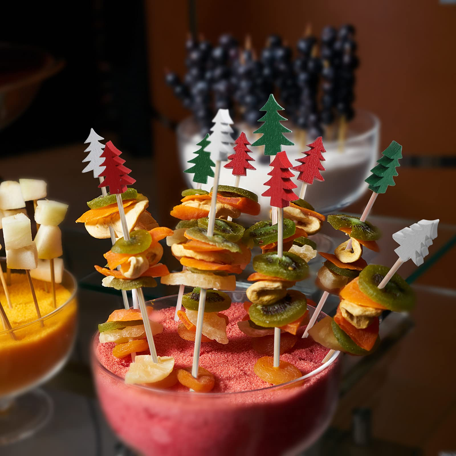 (100er Set) Cocktail Sticks Fingerfood Party Spiesse Deko Zahnstocher für Weihnachten / Winter - Tannenbaum