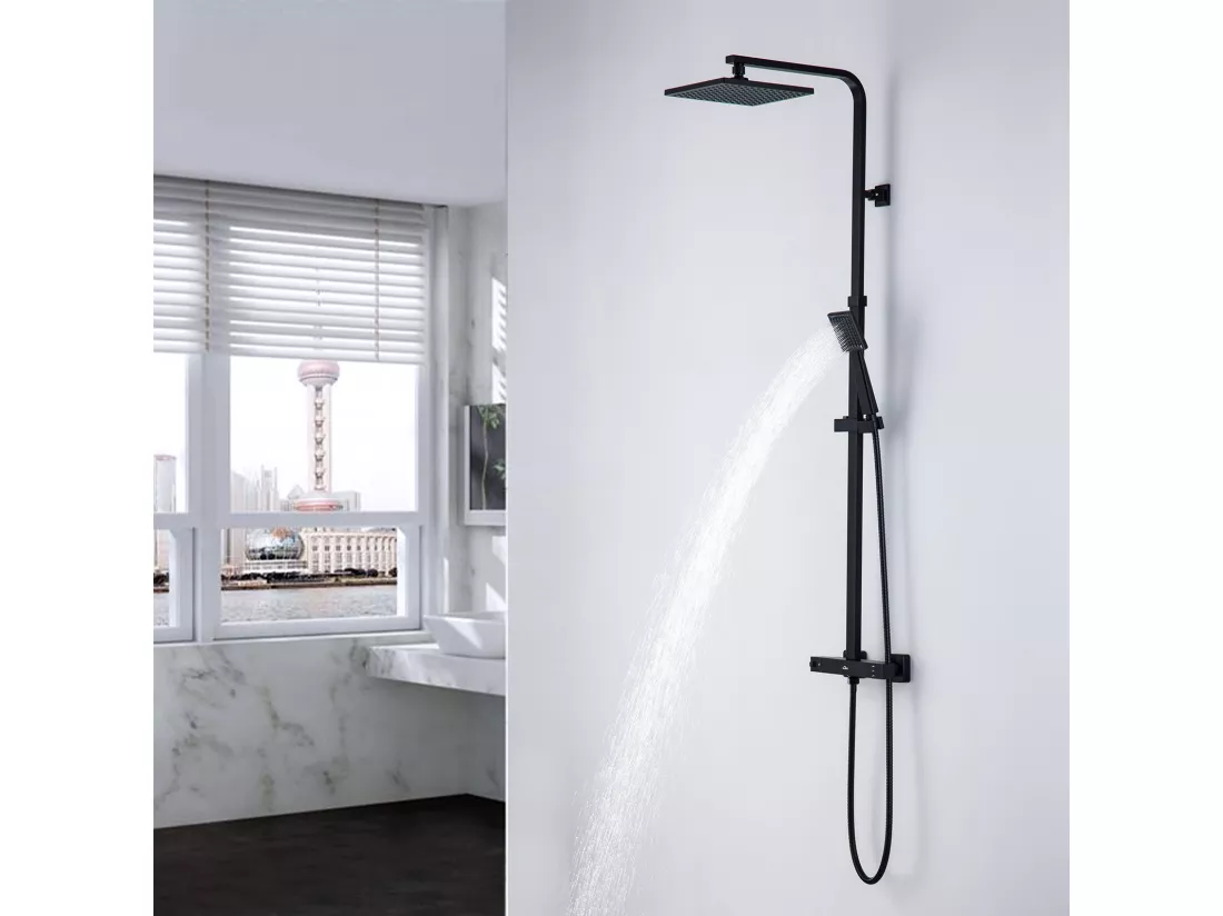 Colonne de Douche Noire Thermostatique,Tête de Douche Carrée 21.5cm,Ensemble Douche Hauteur Réglable,avec Mitigeur Thermostat de Laiton