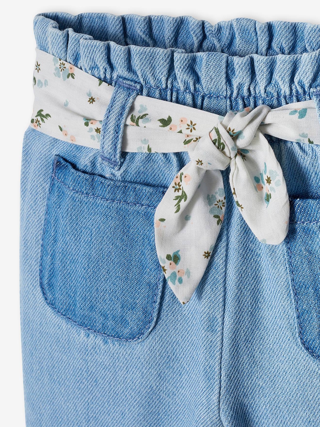 Calça jeans de perna larga com cinto de tecido para bebê, jeans desbotado