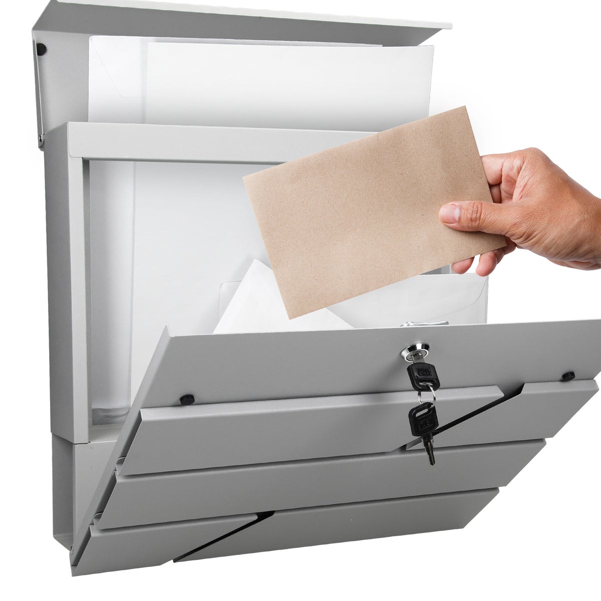 ECD Germany brievenbus met krantenvak, lichtgrijs, 37x11x37 cm, van gepoedercoat roestvrij staal, incl. 2 sleutels, bevestigingsmateriaal, moderne design wandbrievenbus, brievenbus, krantenvak