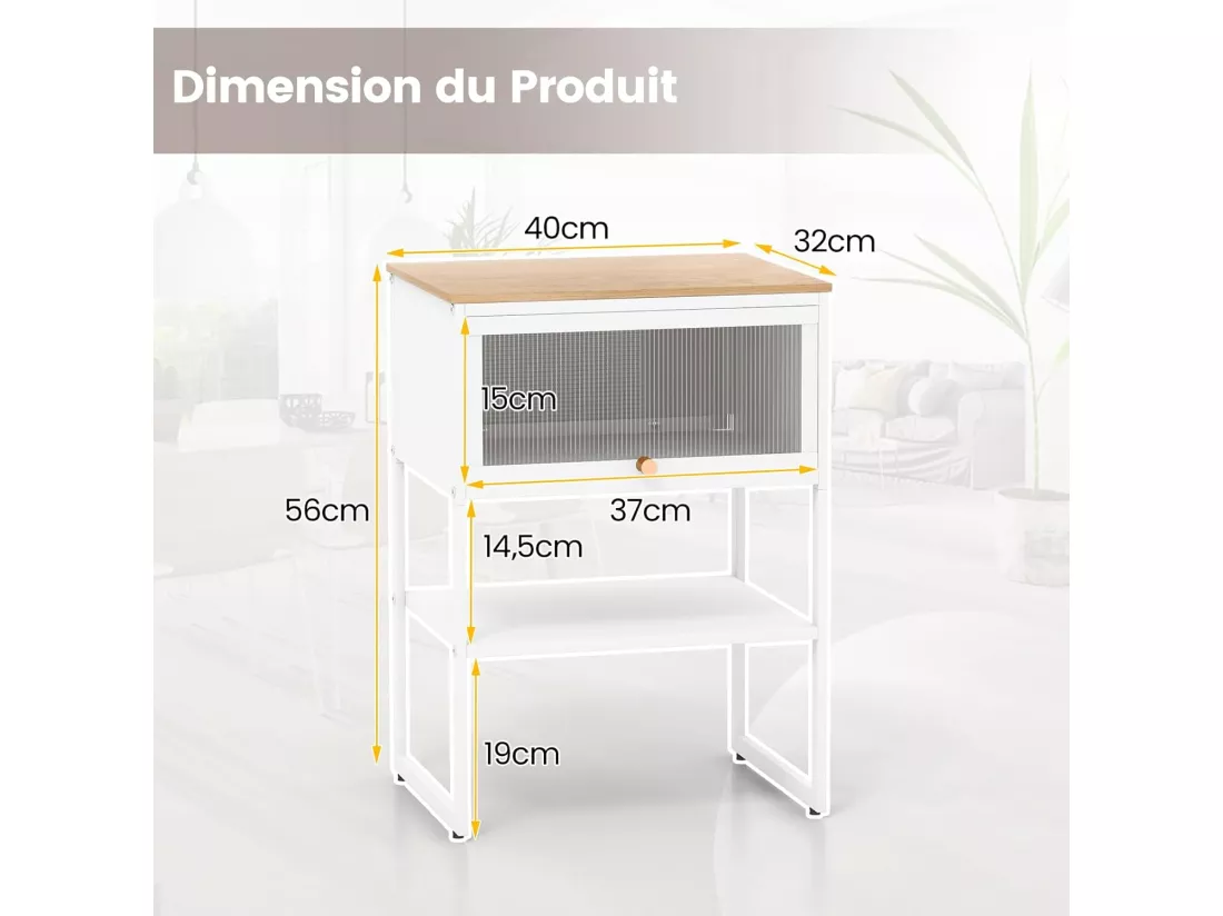 Bout de canapé avec porte rabattable transparente,40 x 32 x 56 cm, noir/blanc(blanc)
