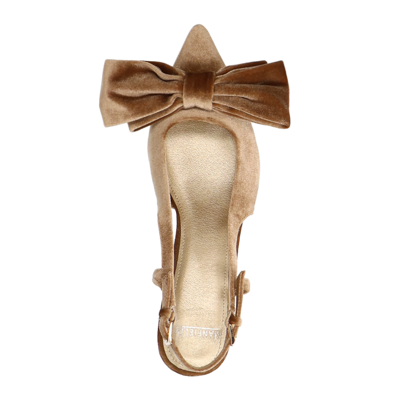 Taupe velours slingbacks met strik