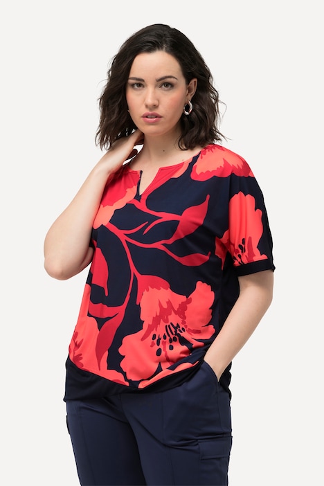 Blusenshirt, Blüten, Oversized, Tunika-Ausschnitt, Halbarm