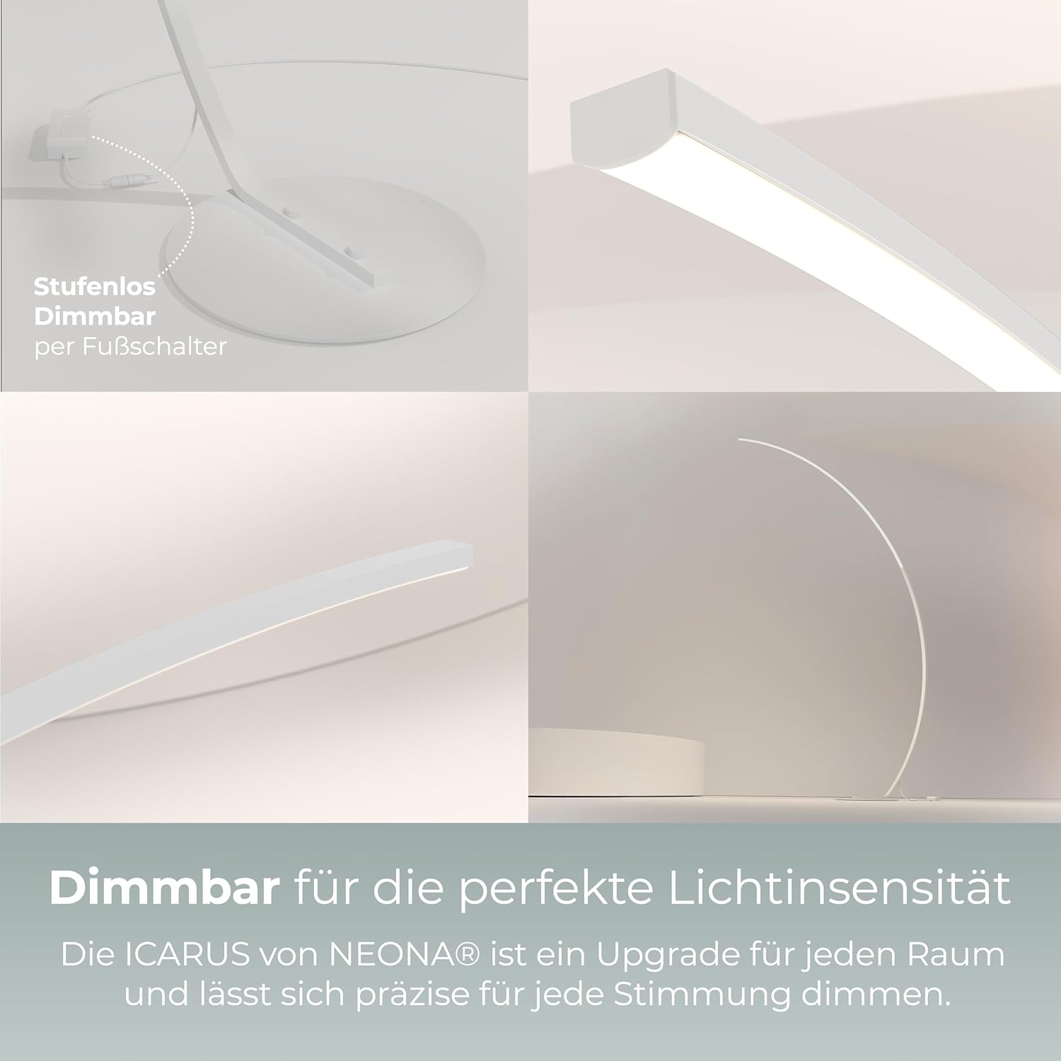 NEONA ICARUS Bogenlampe LED dimmbar – XXL Stehlampe Weiß, 2258 Lumen, 2700K Warmweiß, CRI 90, 22W, Fußschalter, Höhe 170cm – Moderne Wohnzimmerlampe (Weiß)