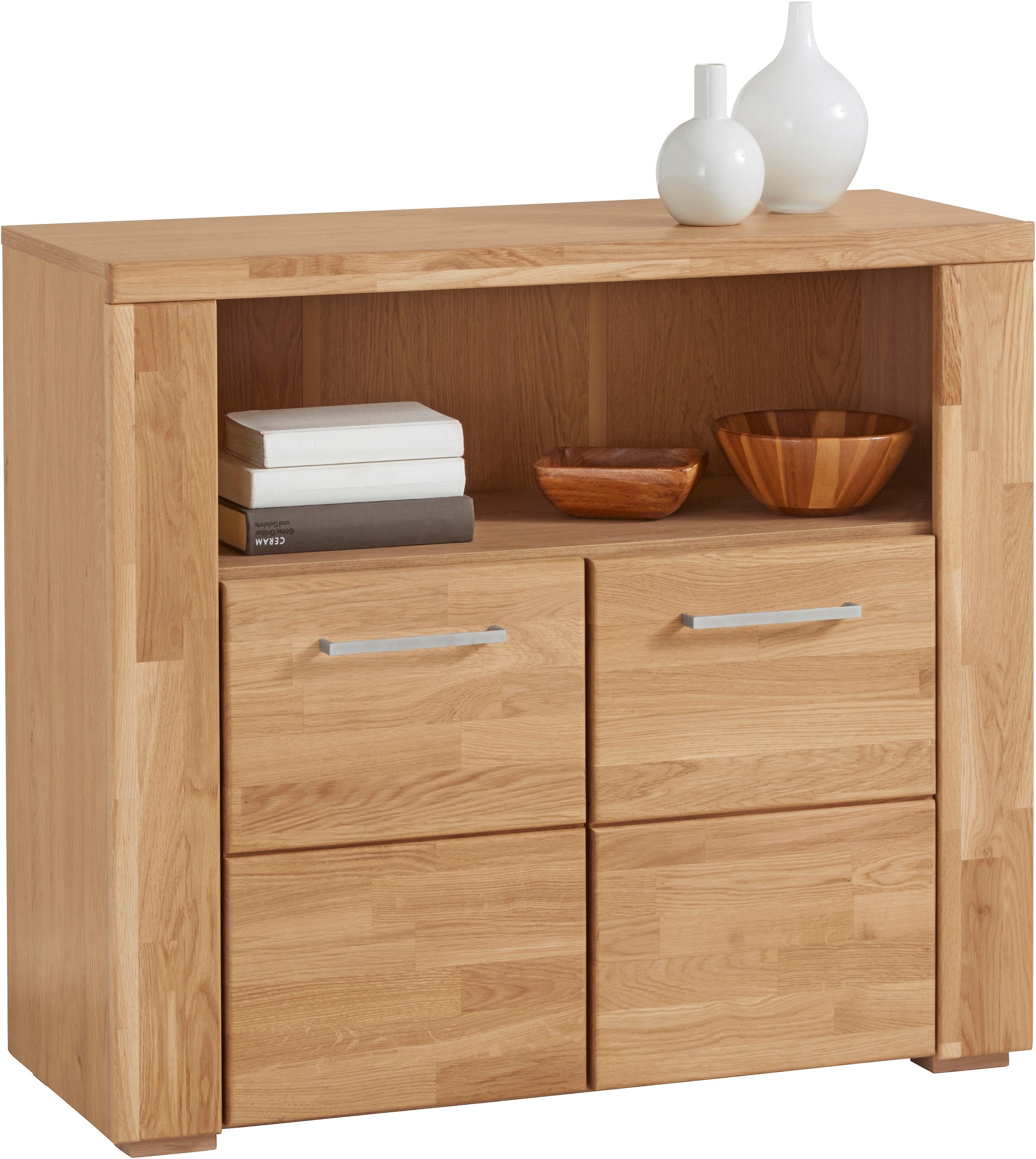 Home affaire Kommode »Celle,90cm breit,35 cm tief, Fronten Massivholz« Holz massiv, Holzwerkstoff, Metall Griffe,3 breite Fächer
