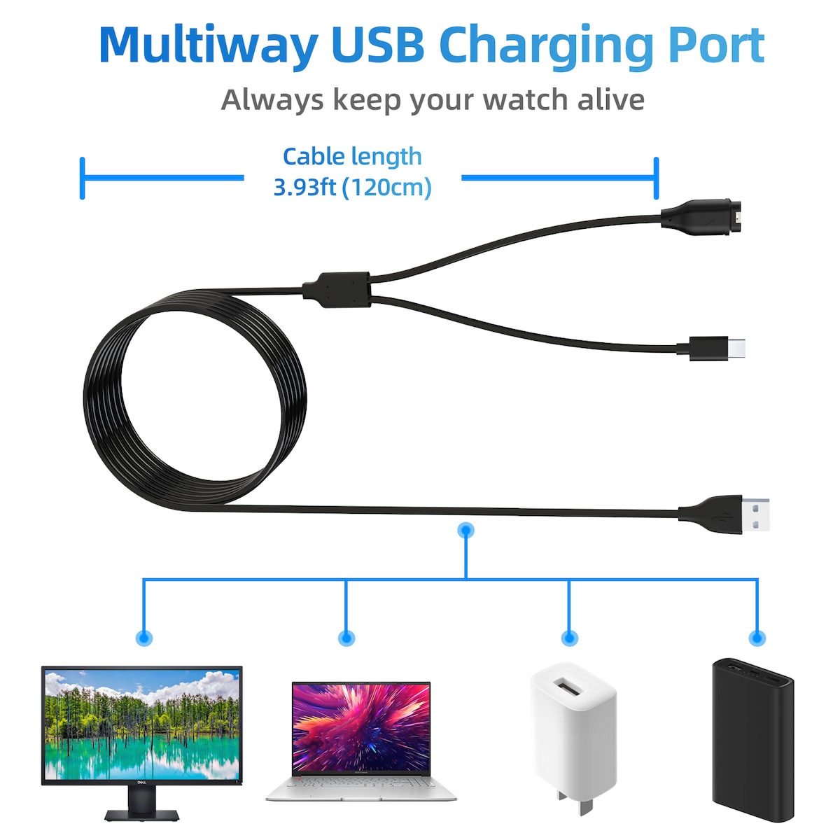 Llader for USB-C mobiltelefon og sportsklokke Sort