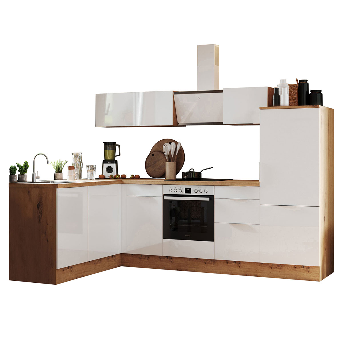 RESPEKTA Winkelküche - weiß Hochglanz - Artisan Eiche - mit E-Geräten - 280x175 cm