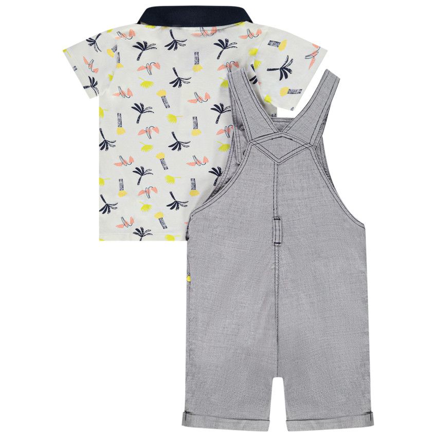 Ensemble polo et salopette avec broderie singe pour bébé garçon - Blanc